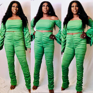 Green Two Piece Ruched Set